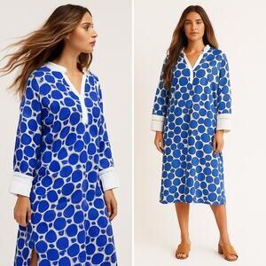 HARSHMAN Ciel Polka-Dot Raglan-Sleeve Midi Dress Blue White Viscose M NEW